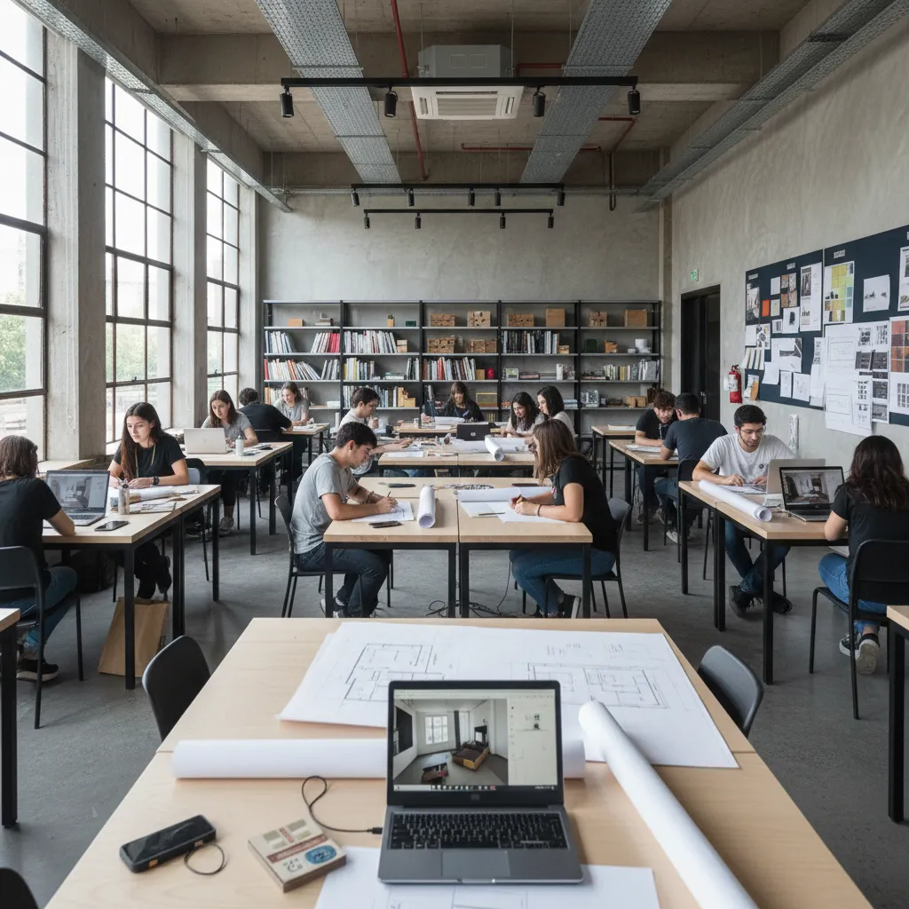 Students working on interior design projects with laptops and paper sketches in a bright studio