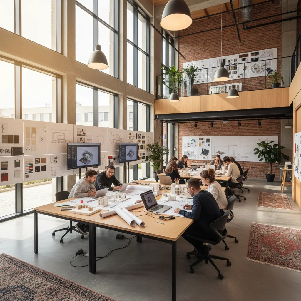 Students working on interior design drawings and models in a bright open plan studio office