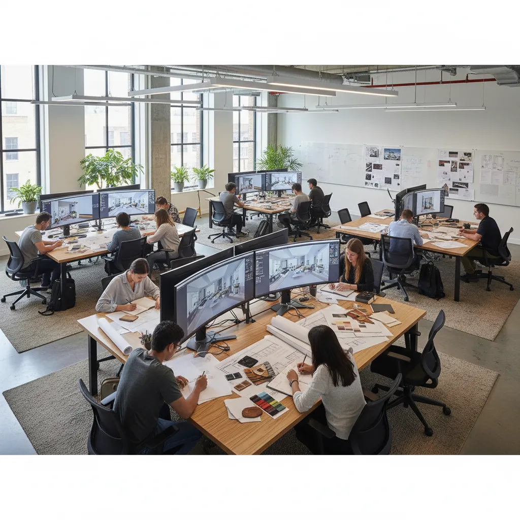 People working at desks on computers in a bright open interior design studio office space