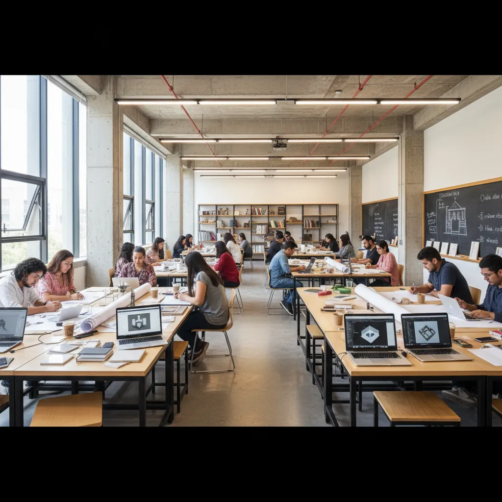 Students working on laptops and interior design drawings in a modern classroom with large windows