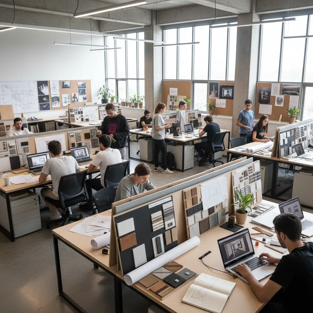 Interior design studio where people work on laptops near windows with wall mounted mood boards