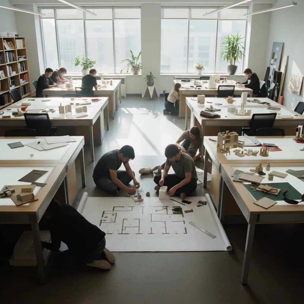 Students working on large floor plan on the ground in a sunlit interior design studio