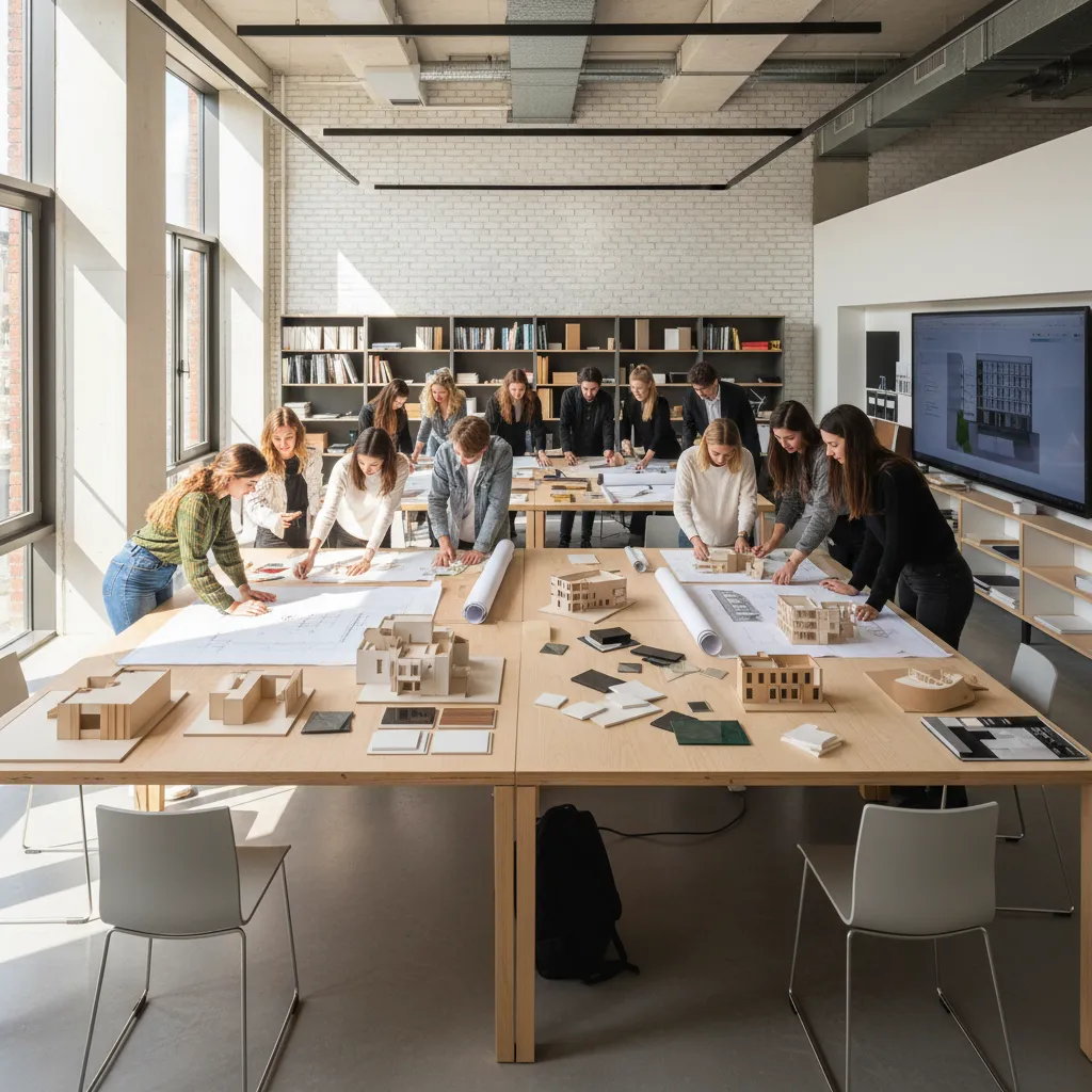 Interior design students working on large paper drawings and building models in a sunny studio