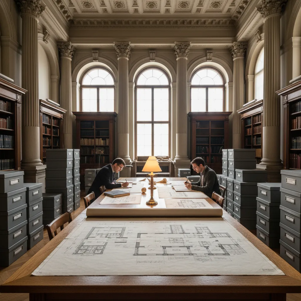 historic architectural floor plans stored in university archive collection