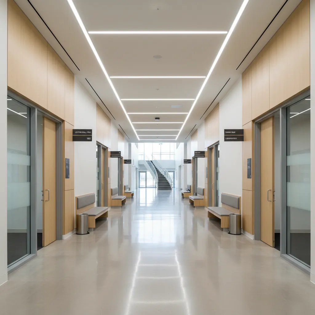 Modern building hallway with wooden wall panels glass doors seating benches and bright white lights