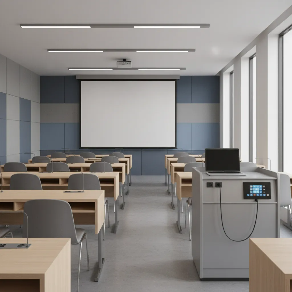 University classroom with projector, podium, and AV control panel