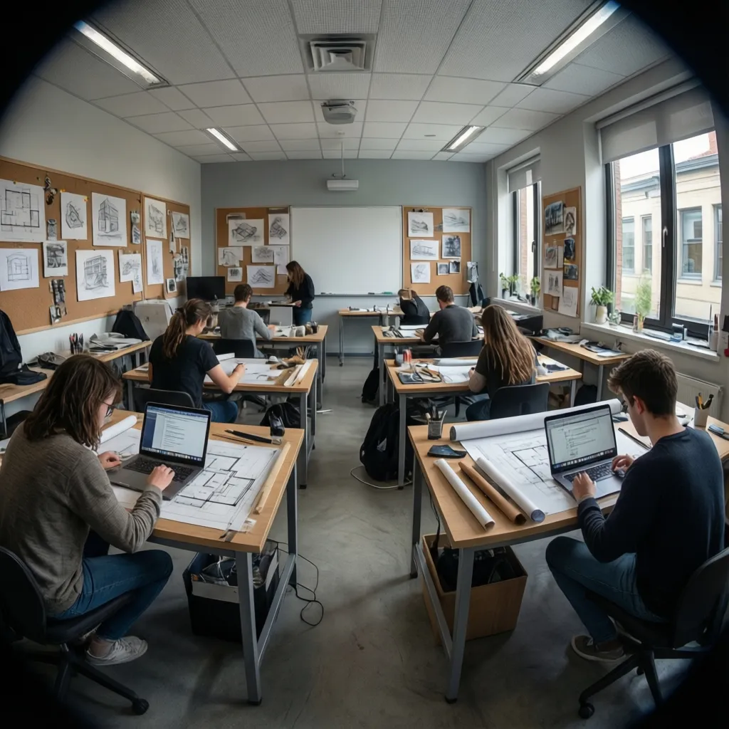 interior design students working in a university studio with drafting desks and laptops