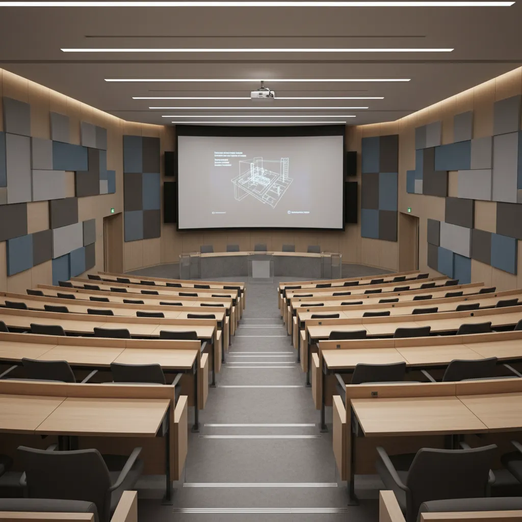 University tiered lecture hall with students desks and projection screen