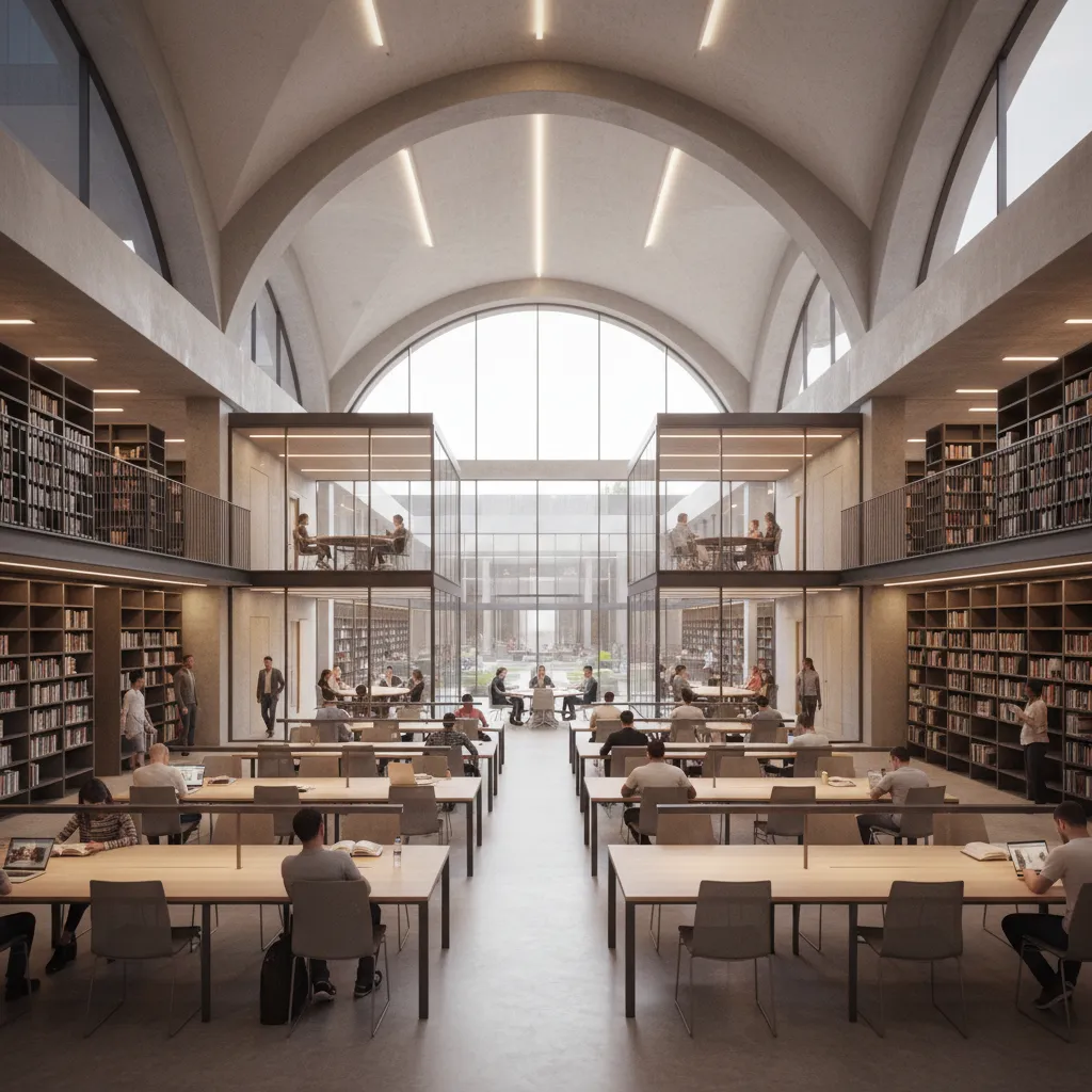 University library interior with quiet study tables collaborative rooms and bookshelves
