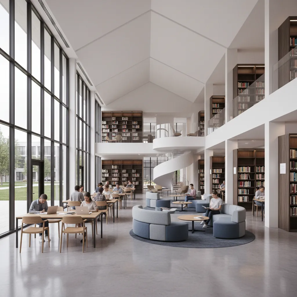 modern university library with study tables and collaborative areas