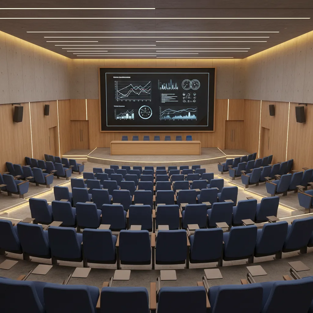 University seminar hall with tiered seating and presentation screen