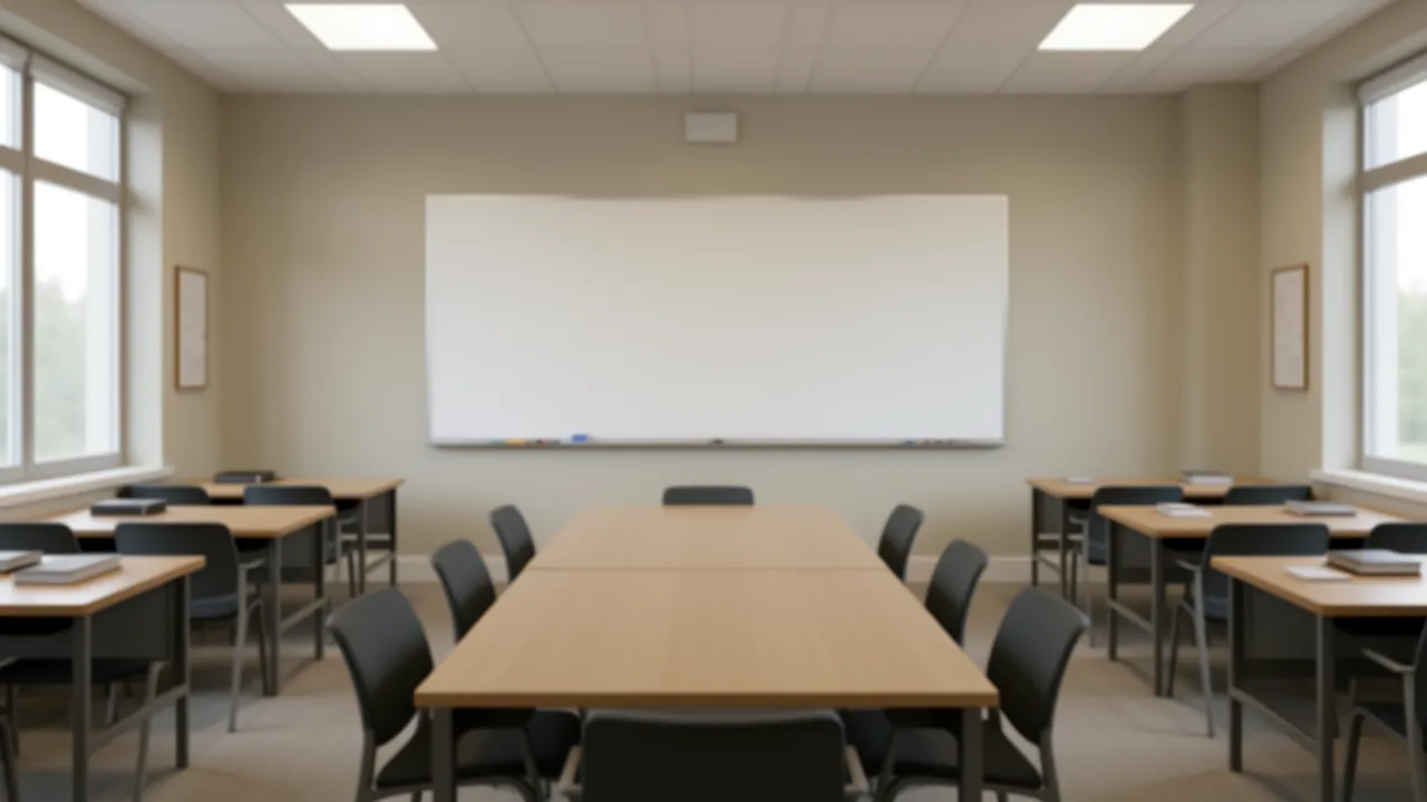 Modern university study room with group table and whiteboard