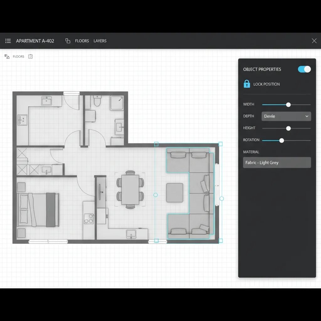 Floor plan software interface showing selected furniture object with unlock option in settings panel