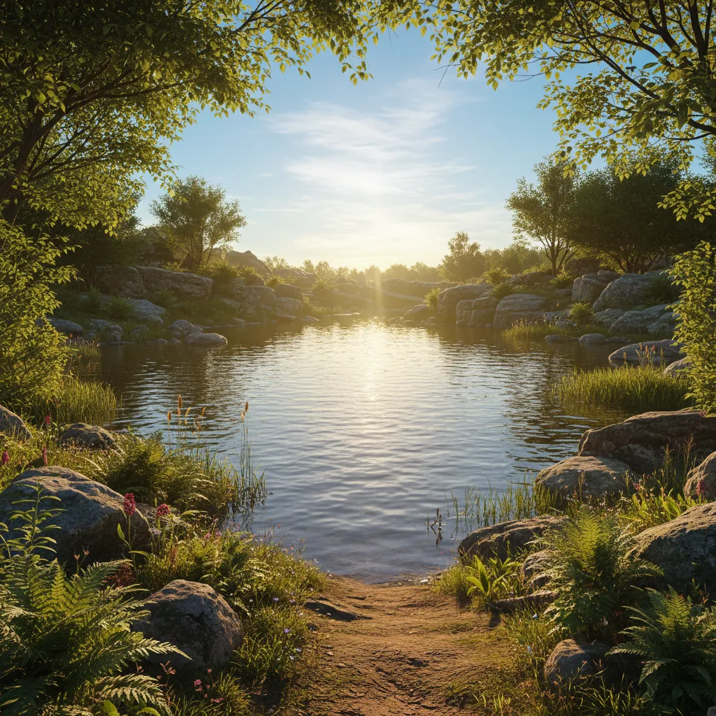 Real time pond environment rendered in Unreal Engine with reflections vegetation and sunlight