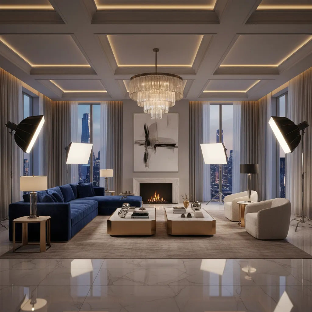 Salón extremadamente estilizado con iluminación de estudio típico de fotos virales en redes