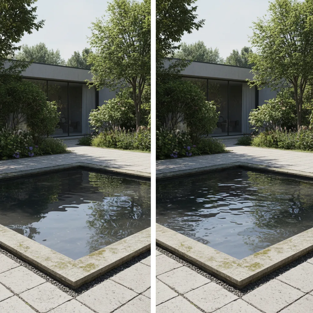 Comparison of unrealistic flat 3D water surface and realistic pond water with ripples