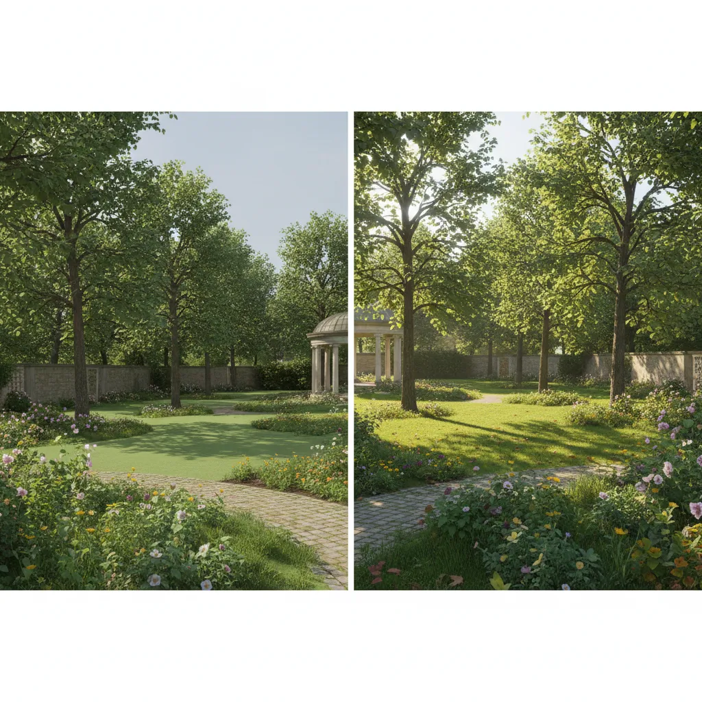 Comparison of flat unrealistic landscape render and realistic outdoor render lighting