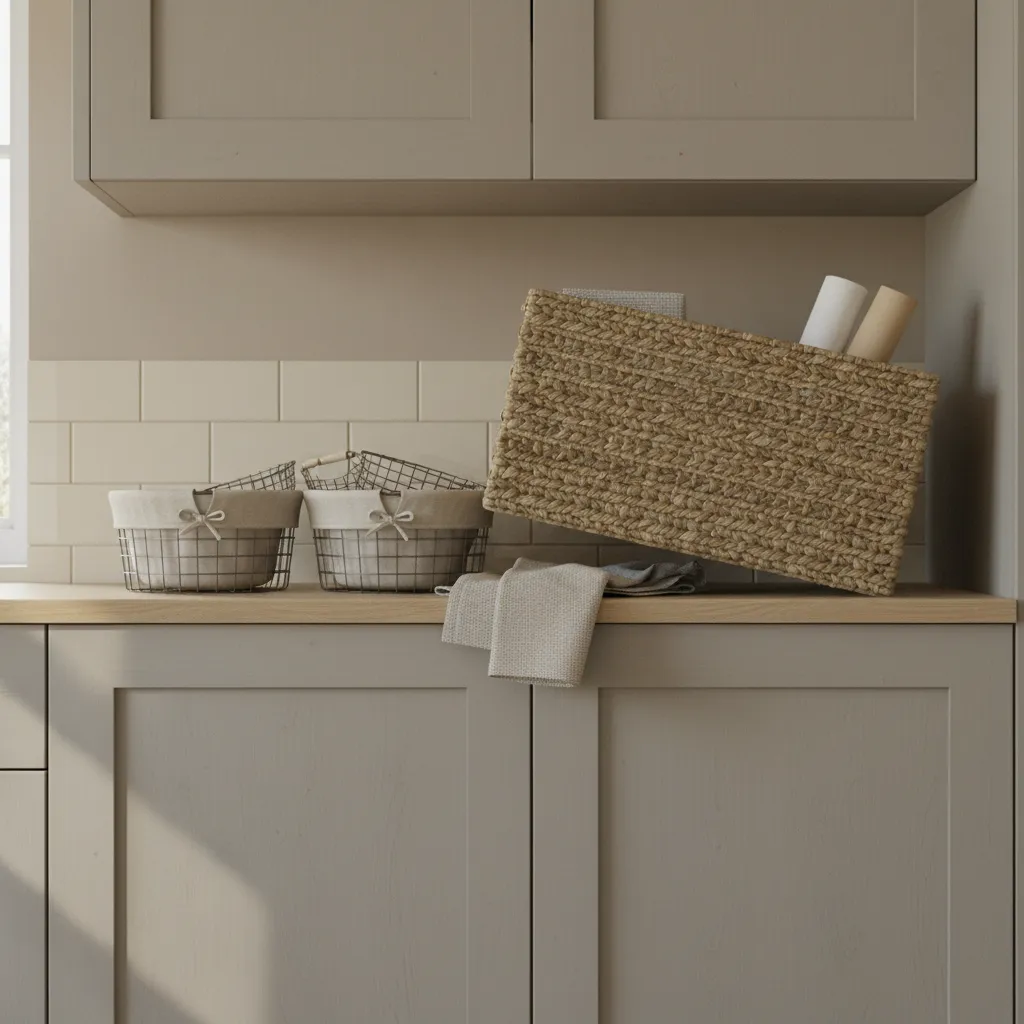 Wobbly baskets on top of kitchen cabinets demonstrating stability issue