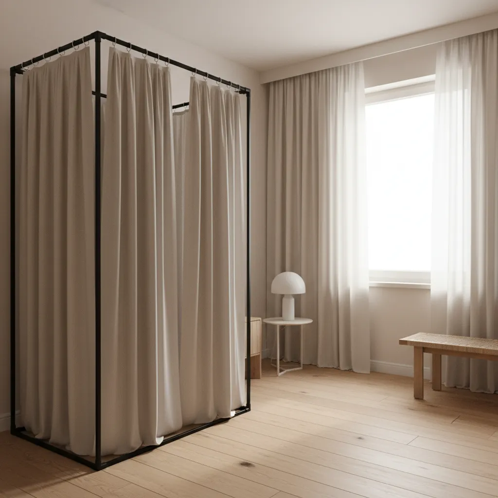 unstable DIY changing room frame with curtain rack wobbling