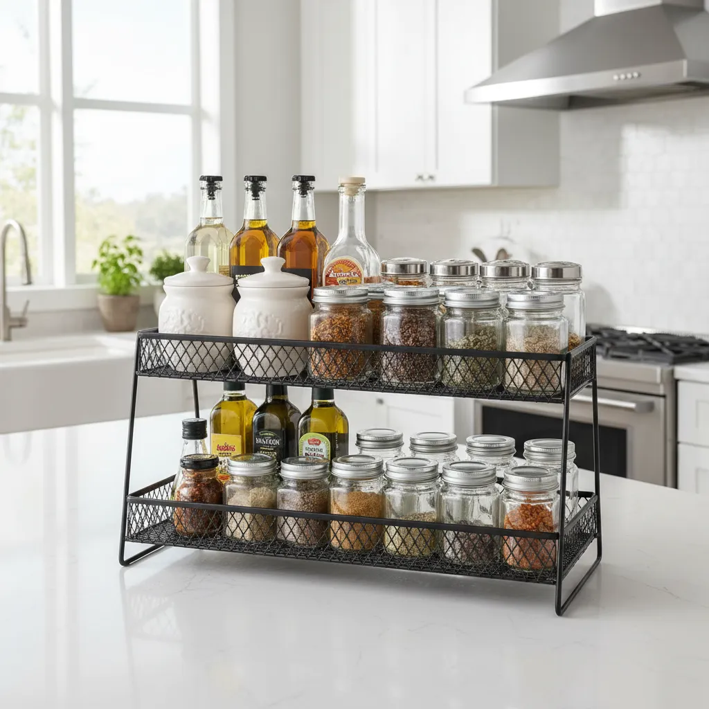 tiered kitchen countertop rack with uneven weight showing instability risk