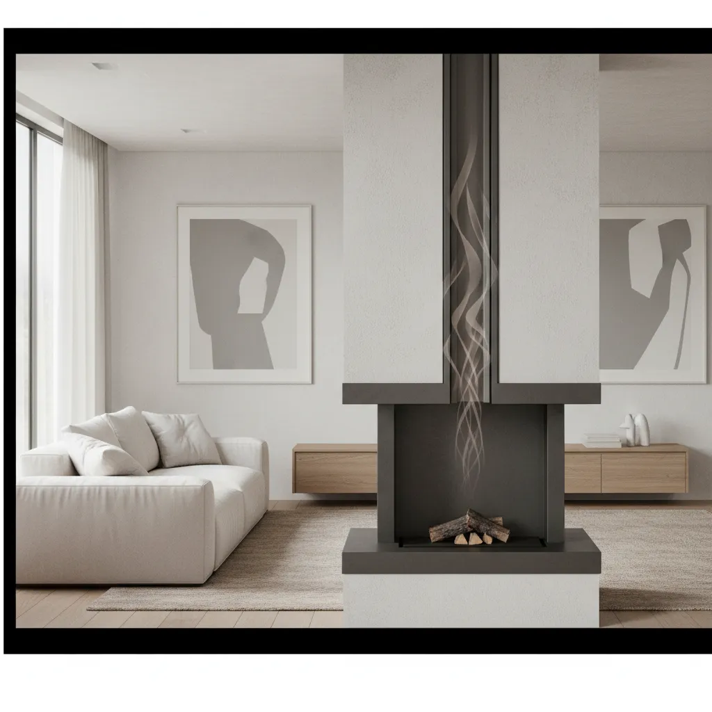 Decorative fireplace with airflow path illustrated through chimney