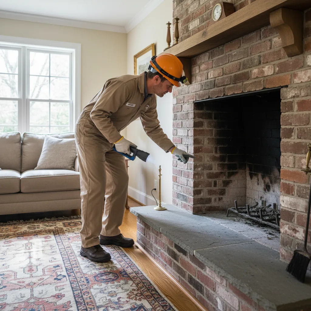 chimney inspector examining interior of an old masonry fireplace
