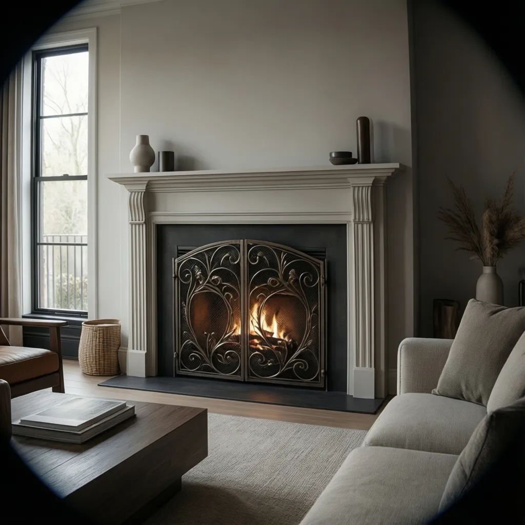 unused fireplace with decorative cover panel in modern living room