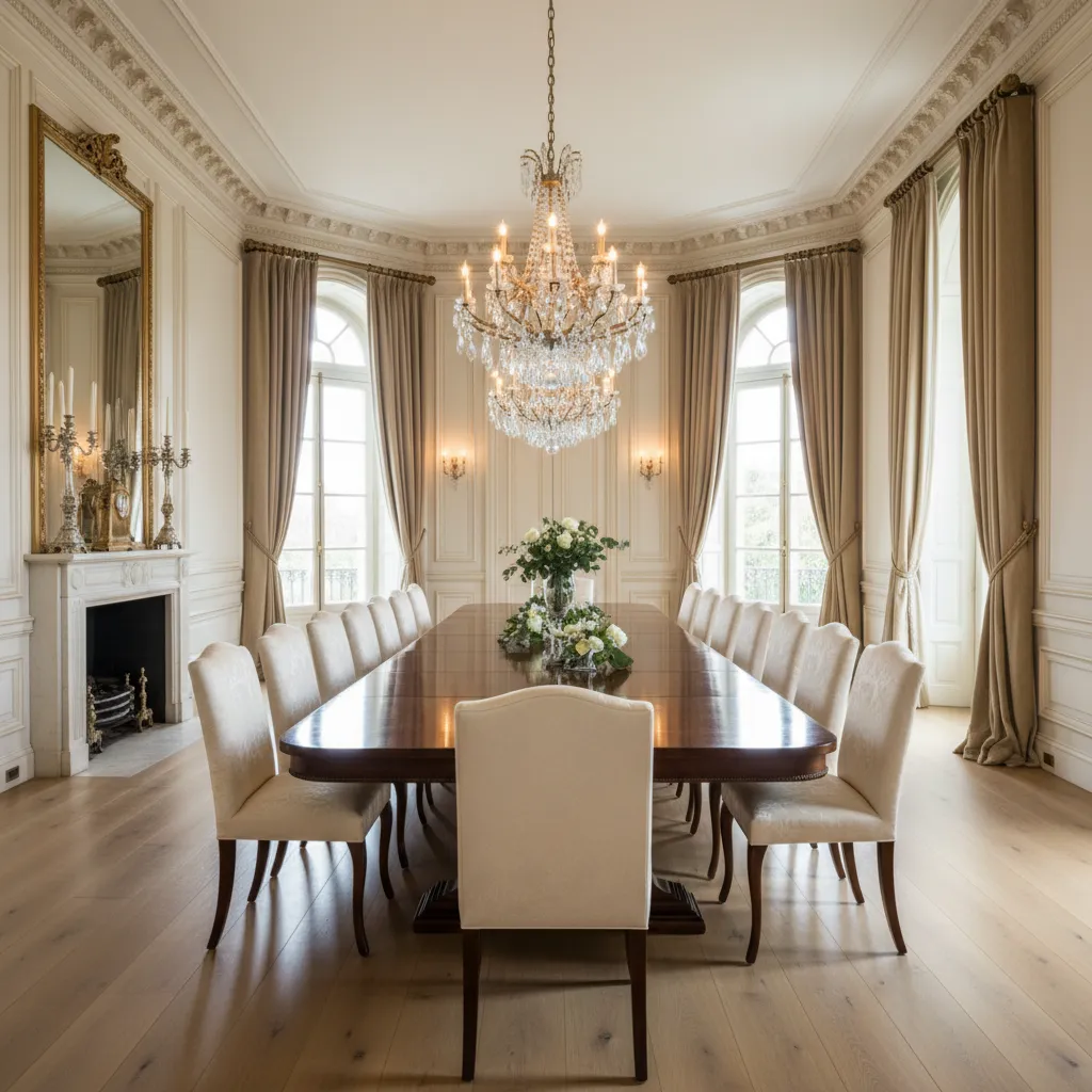 Large formal dining room in a mansion that appears rarely used