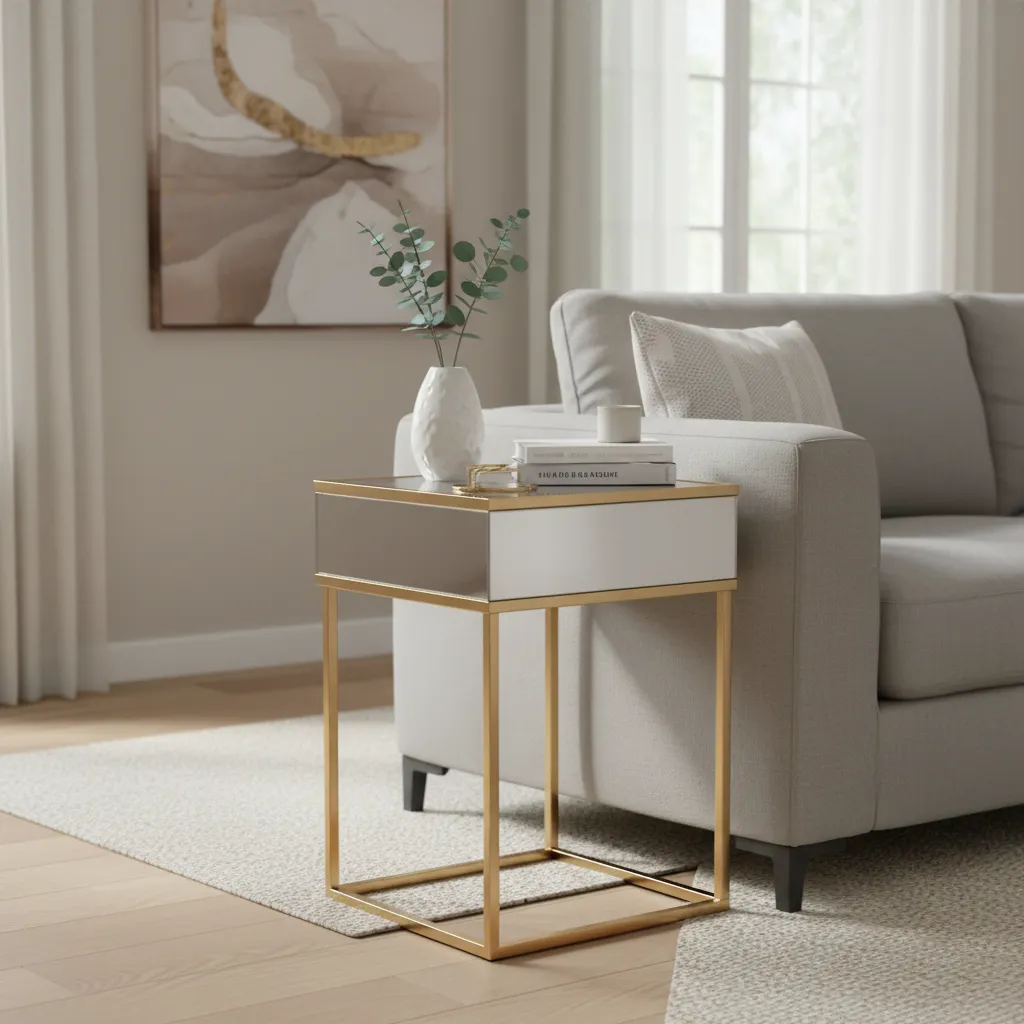 upcycled side table with metallic gold legs and mirrored accents for glam decor