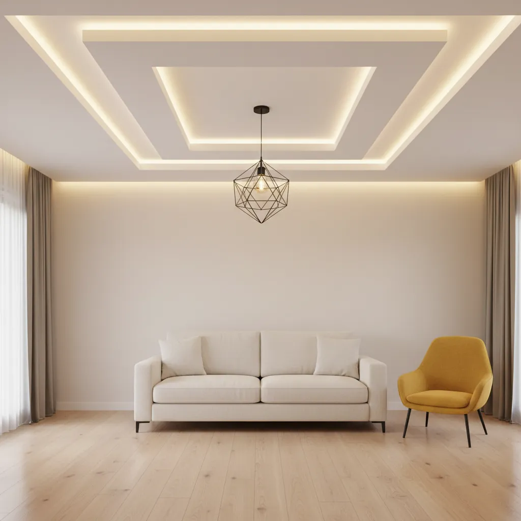 Renovated modern living room ceiling with warm LED lighting