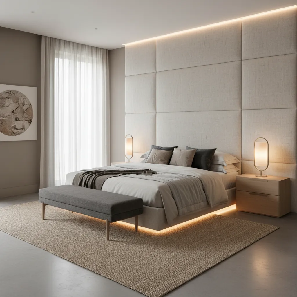 Dormitorio con cabecero y pared entelada