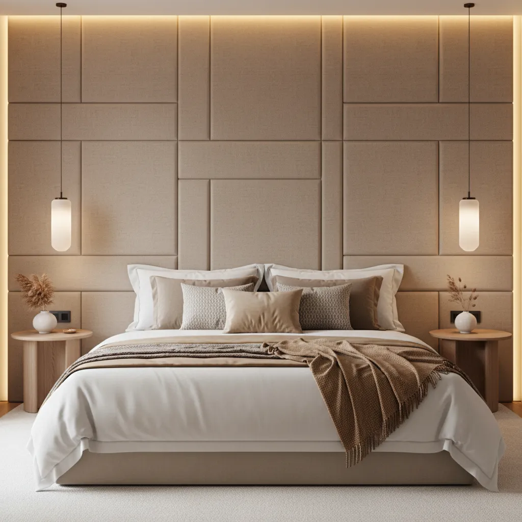 Bedroom featuring upholstered fabric wall panels behind the bed