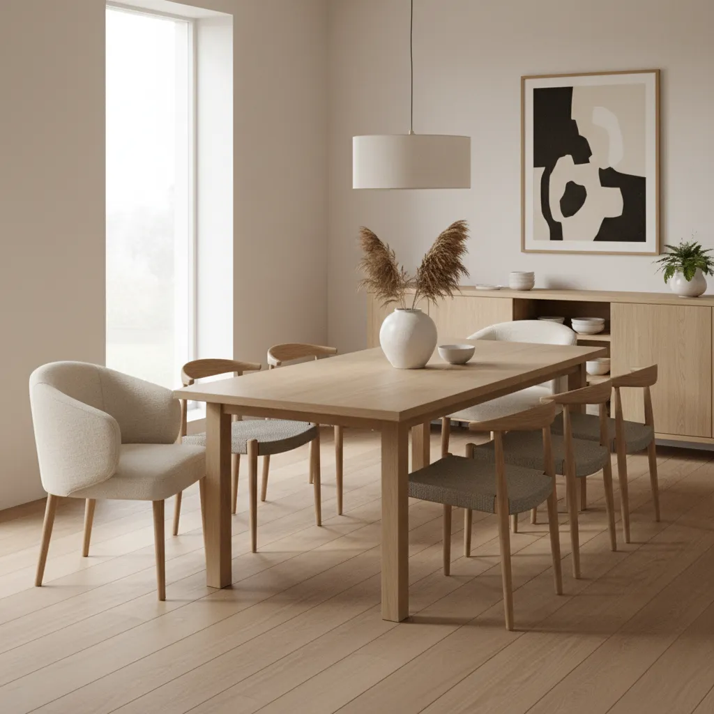 Upholstered captain chairs at ends of modern dining table