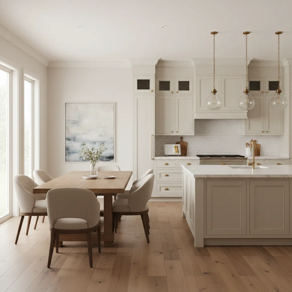 Upholstered dining chairs around butcher block table in open concept kitchen
