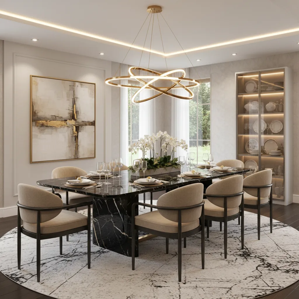 Upholstered dining chairs surrounding a granite dining table in a contemporary dining room