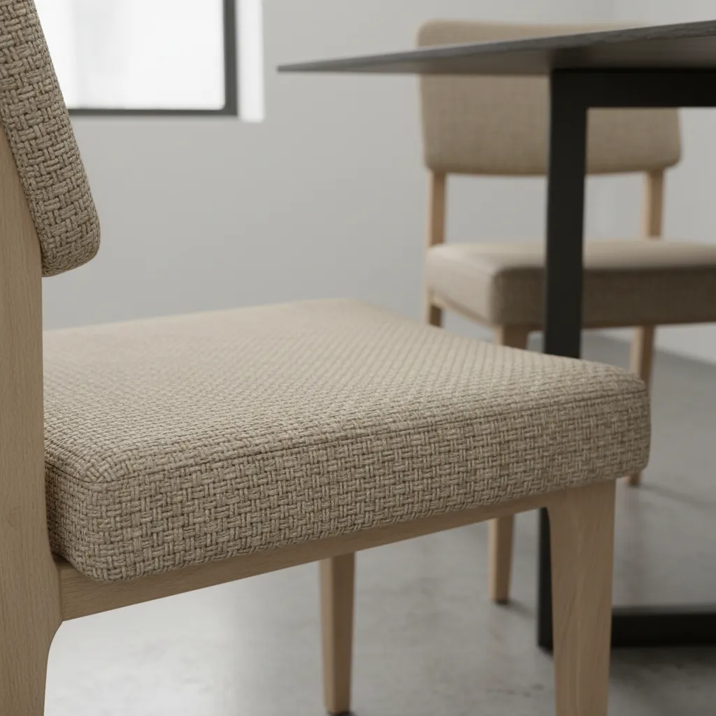 close up upholstered dining chair seat with textured fabric