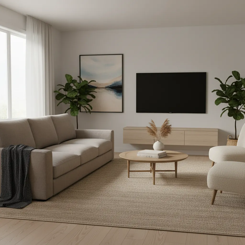 Modern living room featuring a grey sofa wooden coffee table wall TV and green plants