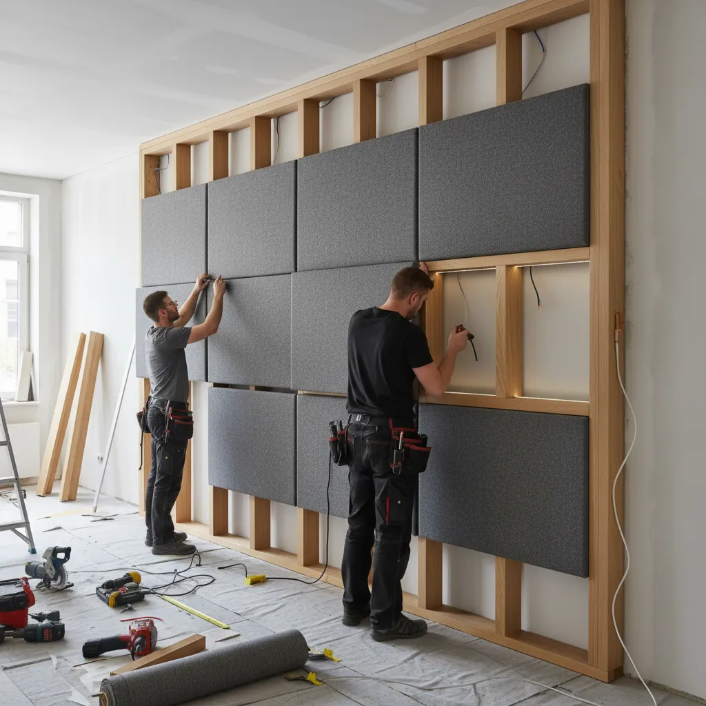 Two workers installing gray fabric wall panels onto a wooden frame in a bright room