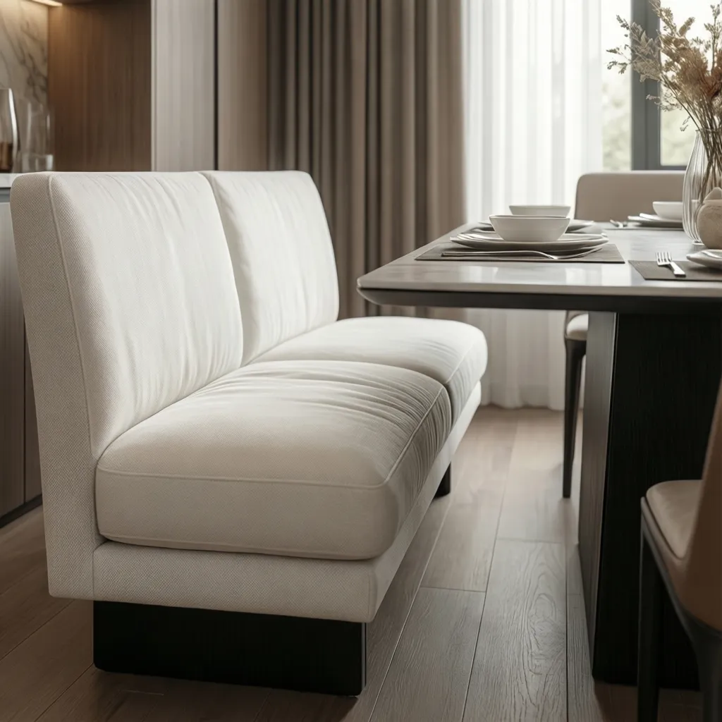 White upholstered dining bench with cushion in contemporary dining room