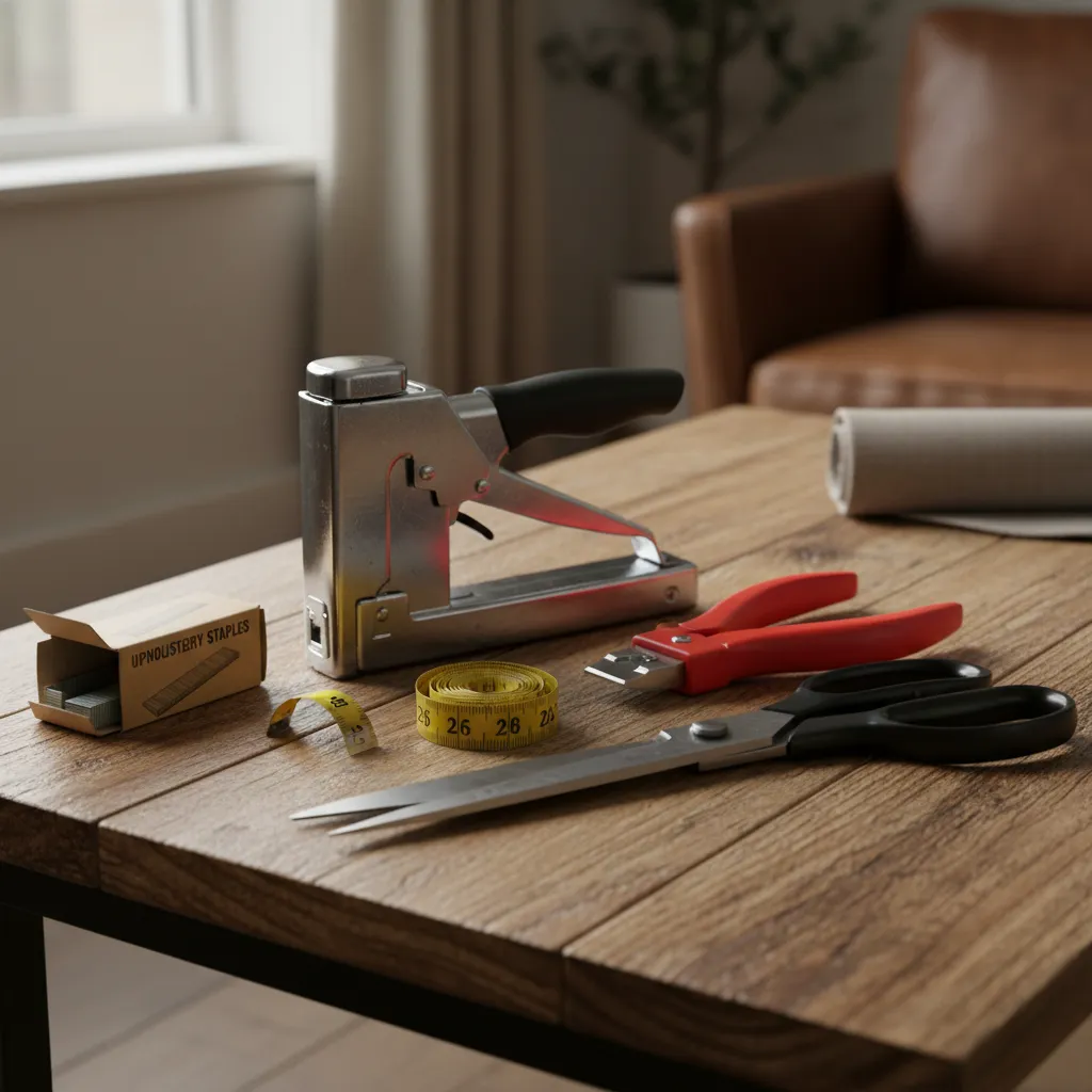 Basic DIY upholstery tools including staple gun scissors and staple remover