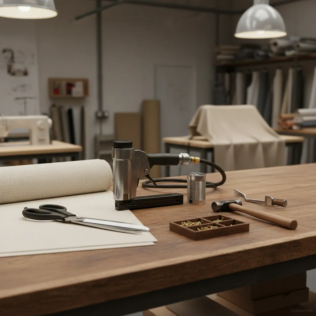 Upholstery tools including staple gun scissors and tack hammer on workshop table