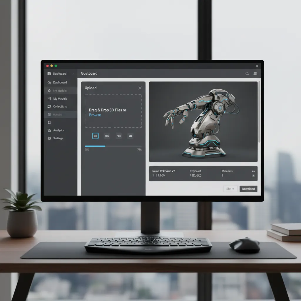 3D platform dashboard showing model upload and embed options