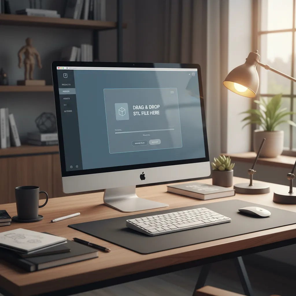 User uploading a 3D model to an online viewer interface on a desktop computer