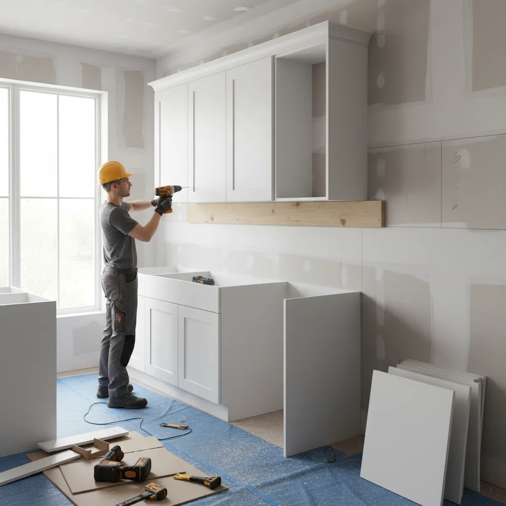 Worker using a power drill to install white wall cabinets above a wooden support board strip