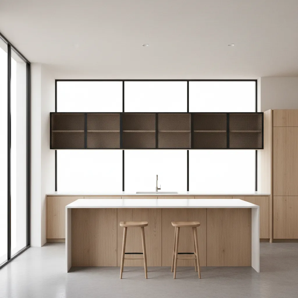 upper kitchen cabinets with black metal mesh door panels