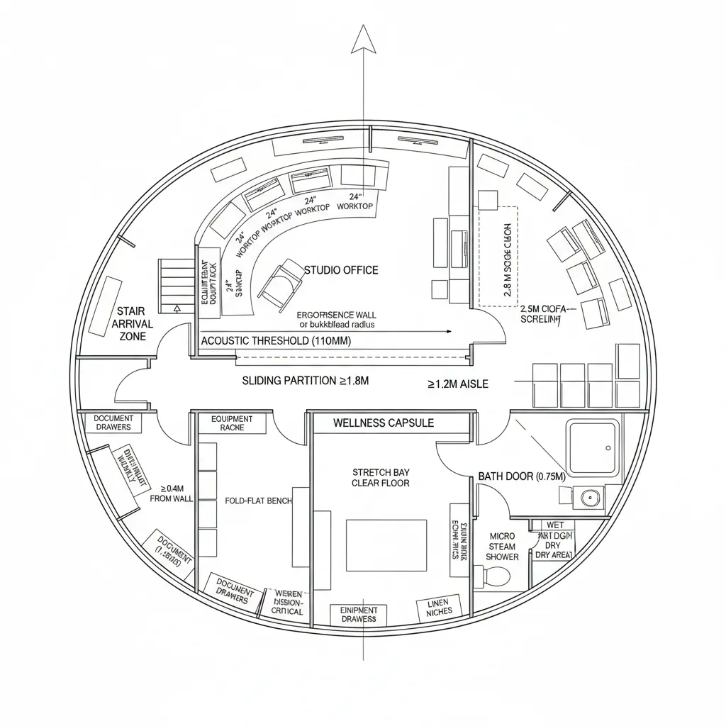 Circular room layout showing a studio office area and a wellness capsule with steam shower
