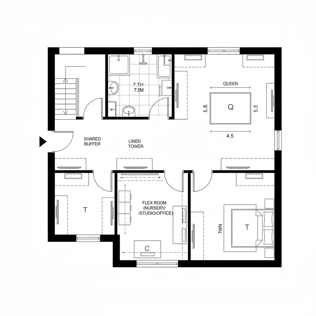 Upper Level: Two Bedrooms + Flexible Node