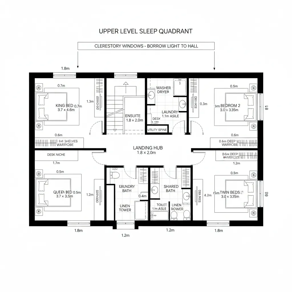 Detailed floor plan layout with four bedrooms and bathrooms around a central hallway landing area
