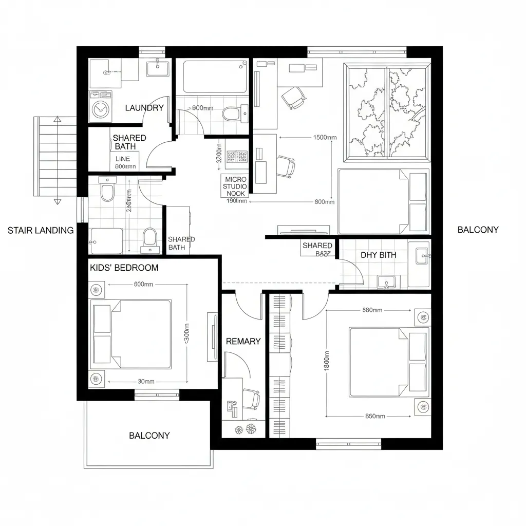 Detailed 2D floor plan showing three bedrooms laundry room shared bathrooms and two balcony areas