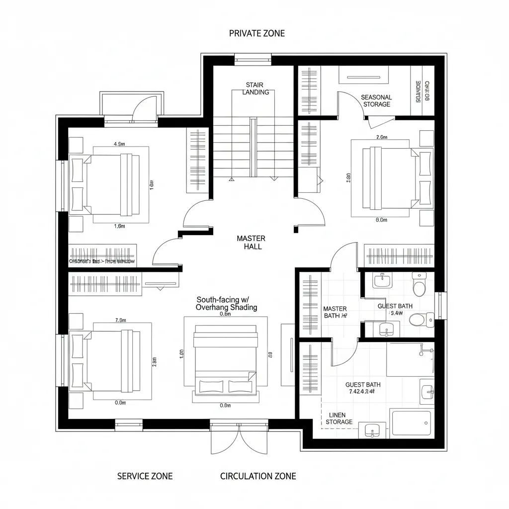 Floor plan of a private house level featuring four bedrooms two bathrooms and master hall